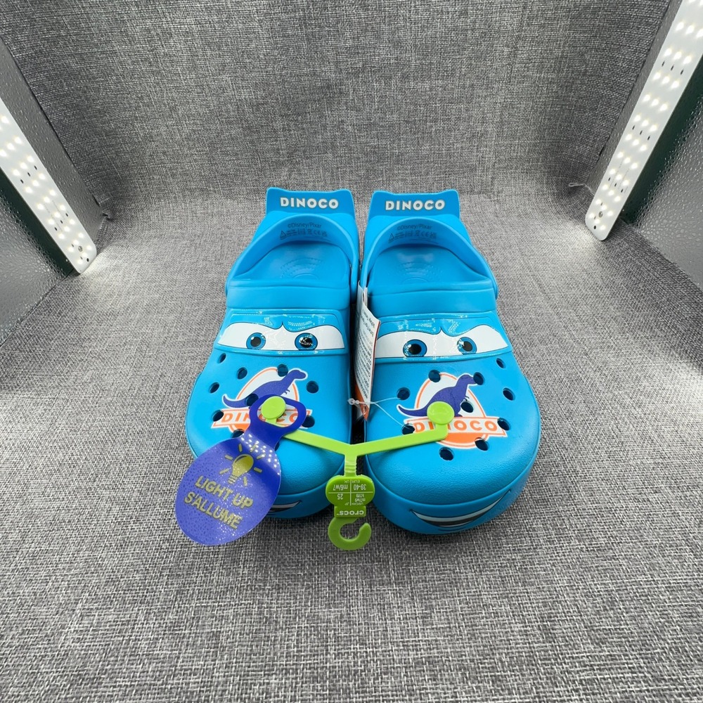 Crocs Disney Pixar Cars Lightning McQueen Dinoco Blue Light Up Clogs Women 9 NEW - Picture 2 of 10